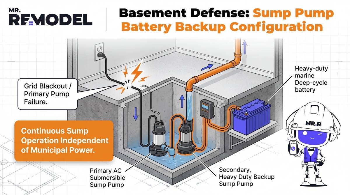 The "Sump Pump Fail-Safe" Flow Blueprint: A clean electrical and fluid flow diagram illustrating how to bypass a single point of failure in a below-grade living space. It charts a primary municipal line outage cutting power to a main pump basin during an intense storm, immediately triggering a seamless transfer of power to an adjacent battery backup unit that preserves the dry subfloor.